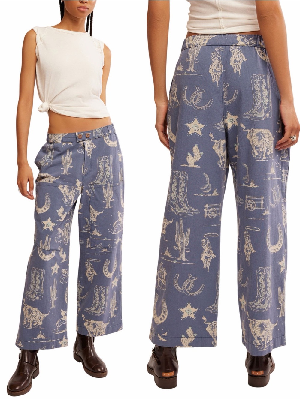Free People Seaside Pull-On Pants Blue Western Print Cotton Size Medium - Picture 16 of 16